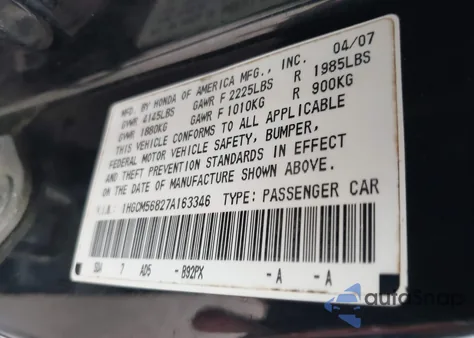 2007 Honda Accord 2.4 Ex из США, поврежденный, VIN 1HGCM56827A163346